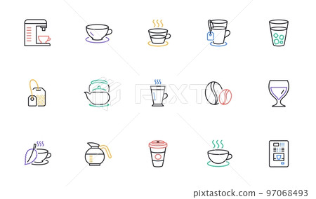 Coffee and Tea line icons. Cappuccino, Teapot and Coffeepot. Coffee beans linear icon set. Bicolor outline web elements. Vector Coffee and Tea line icons. Cappuccino, Teapot and Coffeepot. Coffee beans linear icon set. Bicolor outline web elements. Vector 97068493