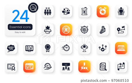 Set of Education flat icons. Correct way, Quick tips and Paint roller elements for web application. Web analytics, Web report, Group icons. Map, Group people, Safe time elements. Stress. Vector 97068510