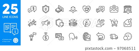 Outline icons set. Update time, Manual and Photo camera icons. Leadership, Loan percent, Shield web elements. Shields, 360 degrees, Truck delivery signs. Open mail, Person info. Vector Outline icons set. Update time, Manual and Photo camera icons. Leadership, Loan percent, Shield web elements. Shields, 360 degrees, Truck delivery signs. Open mail, Person info. Vector 97068511
