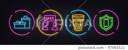 Fake information, Ice tea and Gifts minimal line icons. Neon laser 3d lights. Smartphone protection icons. For web, application, printing. Wrong talk, Soda beverage, Birthday boxes. Phone. Vector 97068522
