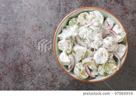 Farskpotatissalad is Swedish Potato Salad, simply made with new potatoes, creme fraiche, red onion and freshly chopped dill close-up in a plate. Horizontal top view Farskpotatissalad is Swedish Potato Salad, simply made with new potatoes, creme fraiche, red onion and freshly chopped dill close-up in a plate. Horizontal top view 97068959