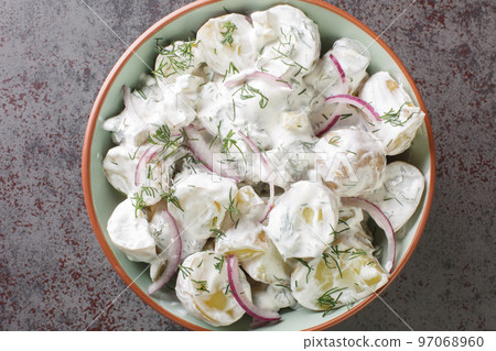 Fransk Potatissallad New potato salad with pickles, dill and red onion with creme fraiche dressing close-up in a plate. Horizontal top view Fransk Potatissallad New potato salad with pickles, dill and red onion with creme fraiche dressing close-up in a plate. Horizontal top view 97068960