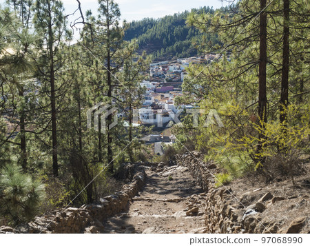 View of village Vilaflor de Chasna from dirt road at lush green pine tree forest , hiking trail to Paisaje Lunar volcanic rock formation, Tenerife Canary islands, Spain View of village Vilaflor de Chasna from dirt road at lush green pine tree forest , hiking trail to Paisaje Lunar volcanic rock formation, Tenerife Canary islands, Spain 97068990