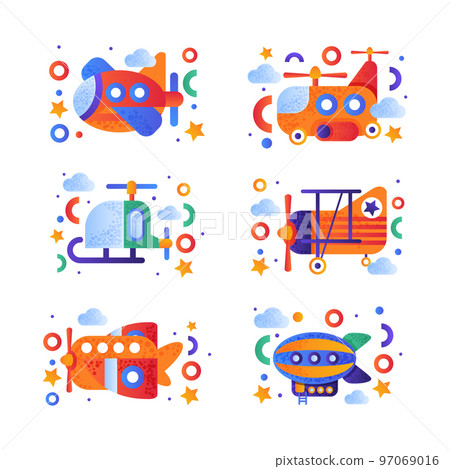 Aero Vehicle Icon with Plane and Helicopter Colorful Pictogram Vector Set 97069016