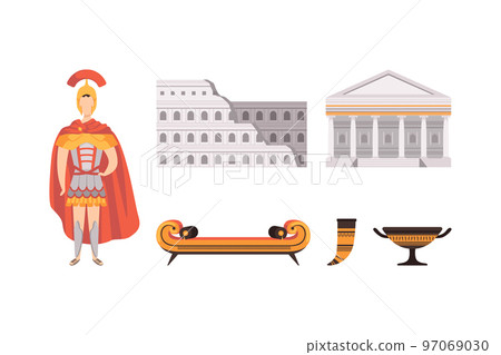 Ancient Greek Warrior, Sofa, Goblet, Horn, Colosseum and Pantheon Architecture Vector Set 97069030