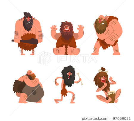Primitive Caveman and Troglodyte with Beard and Hairy Body with Bone and Bludgeon Vector Set 97069051