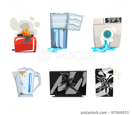 Broken Home Appliance with Kettle, Toaster, Washing Machine, Fridge, Tv and Player Vector Set Broken Home Appliance with Kettle, Toaster, Washing Machine, Fridge, Tv and Player Vector Set 97069053