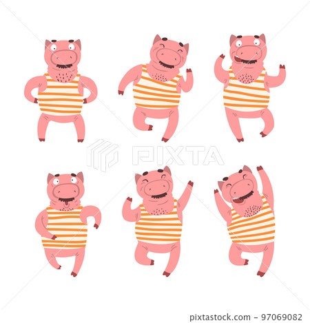Funny Mustached Pig Wearing Striped Tank Top Stretching Doing Physical Exercise Vector Set Funny Mustached Pig Wearing Striped Tank Top Stretching Doing Physical Exercise Vector Set 97069082