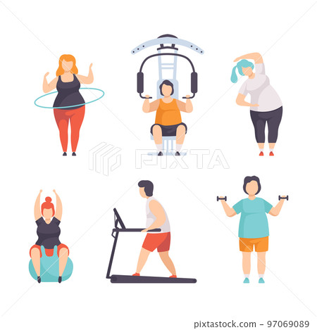 Overweight People Characters Doing Sports and Physical Exercise at Gym Vector Set 97069089