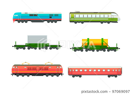 Passenger and Freight Train with Wagon Vector Set 97069097