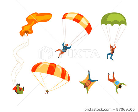Man Character Skydiving Falling Down with Parachute Vector Set 97069106