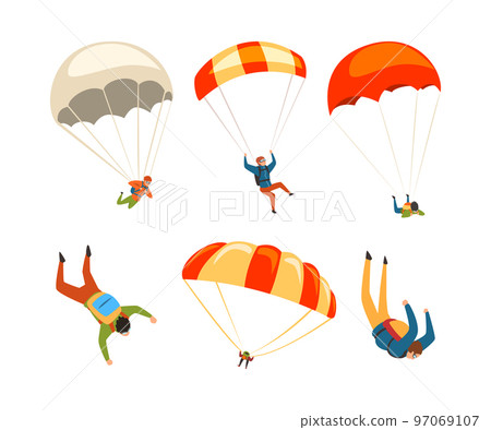 Man Character Skydiving Falling Down with Parachute Vector Set 97069107