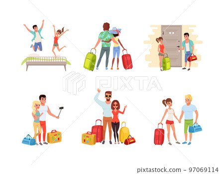 Happy Couple Enjoying Summer Vacation Together Having Honeymoon Trip Vector Set Happy Couple Enjoying Summer Vacation Together Having Honeymoon Trip Vector Set 97069114