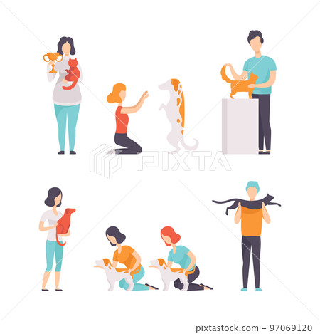 People Pet Owners Presenting their Purebred Cat and Dog at Breeds Show Vector Set 97069120