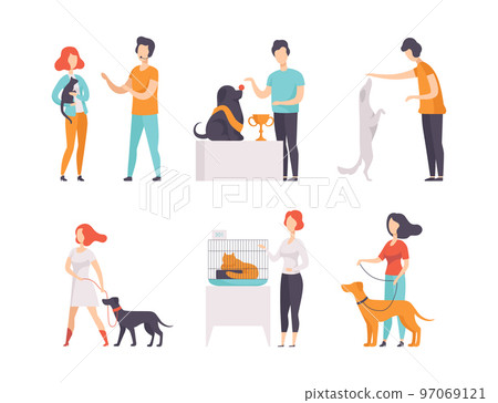 People Pet Owners Presenting their Purebred Cat and Dog at Breeds Show Vector Set People Pet Owners Presenting their Purebred Cat and Dog at Breeds Show Vector Set 97069121