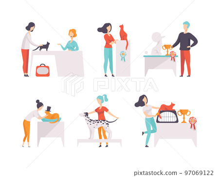 People Pet Owners Presenting their Purebred Cat and Dog at Breeds Show Vector Set 97069122