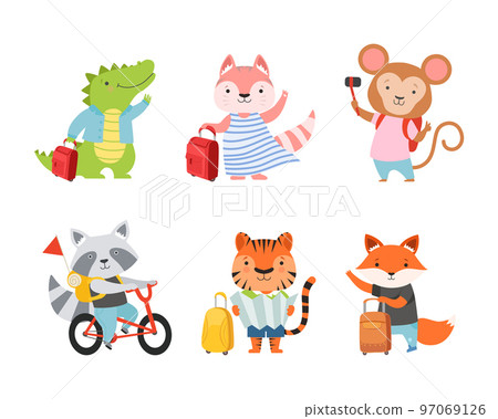 Cute Animals Tourist or Travellers with Trunk, Camera and Backpack Hiking Vector Set Cute Animals Tourist or Travellers with Trunk, Camera and Backpack Hiking Vector Set 97069126