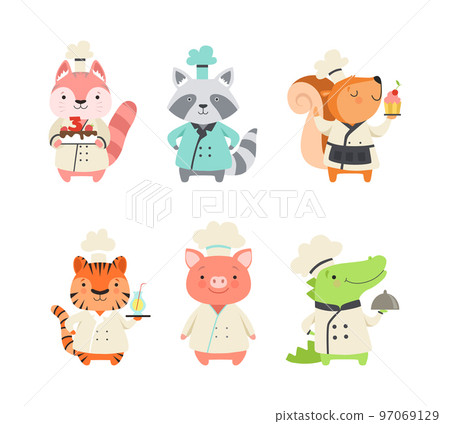 Cute Animals in Chef Uniform Cooking Delicious Dishes Vector Set 97069129