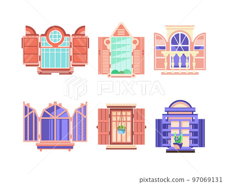 Hinged or Sash Window with Shutters and Flower Pot Rested on Sill Vector Set 97069131