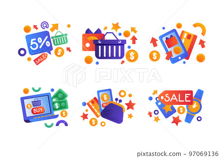 Shopping Flat and Colorful Icon with Basket, Sale Tag, Smartphone, Purse and Laptop Vector Set 97069136