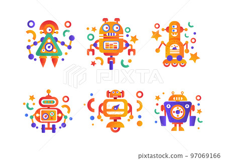Modern Robot and Humanoid Bot with Face as Artificial Intelligence Flat Icon Vector Set Modern Robot and Humanoid Bot with Face as Artificial Intelligence Flat Icon Vector Set 97069166