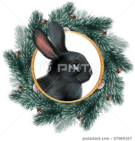Black bunny. Cute winter illustration of rabbit and fir tree wreath. Black bunny. Cute winter illustration of rabbit and fir tree wreath. 97069167