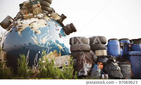 The world surrounded by garbage. Global catastrophe concept - 3D Rendering The world surrounded by garbage. Global catastrophe concept - 3D Rendering 97069623