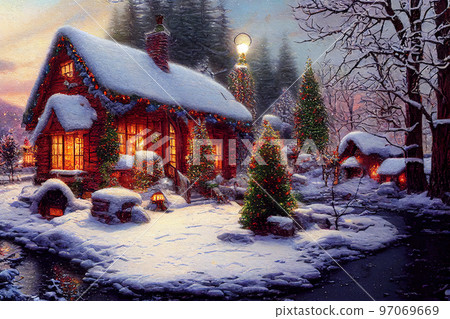 Cottage decorated for Christmas 97069669