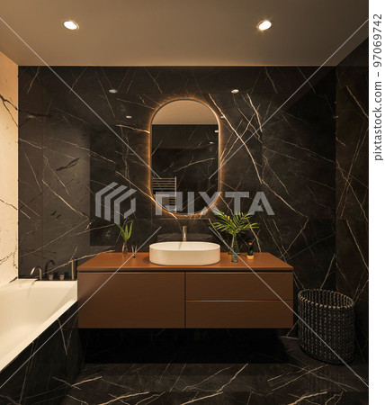 Stylish luxury black bathroom with black marble tile, bathtub and plant. 3d rendering with warm lighting. High quality illustration. Stylish luxury black bathroom with black marble tile, bathtub and plant. 3d rendering with warm lighting. High quality illustration. 97069742