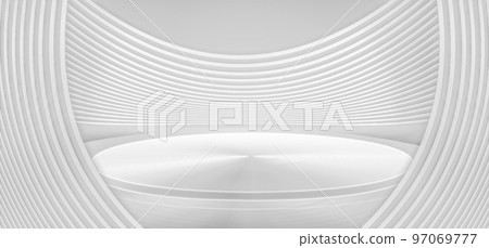 3D rendering white curved surface stage showcase futuristic space background 97069777