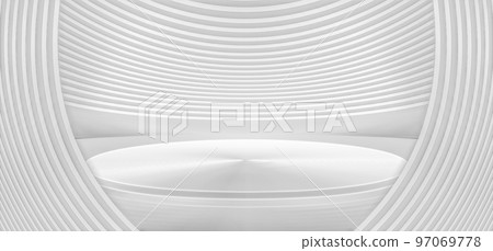 3D rendering white curved surface stage showcase futuristic space background 97069778