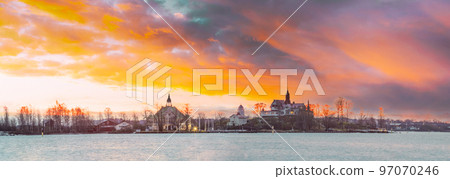 Helsinki, Finland. Panoramic View Of Sunrise Landscape Of Blekholmen Valkosaari Island And Luoto Island. Amazing Color Effect Of Clouds. Natural Bright Dramatic Sky Background. Soft Colors Helsinki, Finland. Panoramic View Of Sunrise Landscape Of Blekholmen Valkosaari Island And Luoto Island. Amazing Color Effect Of Clouds. Natural Bright Dramatic Sky Background. Soft Colors 97070246