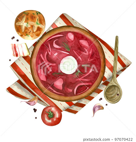 Borsch. Plate with borscht, garlic donut, lard, spoon, garlic, green onion and tomato on a striped napkin. All elements are hand painted in watercolor. For menus, books, printing Borsch. Plate with borscht, garlic donut, lard, spoon, garlic, green onion and tomato on a striped napkin. All elements are hand painted in watercolor. For menus, books, printing 97070422