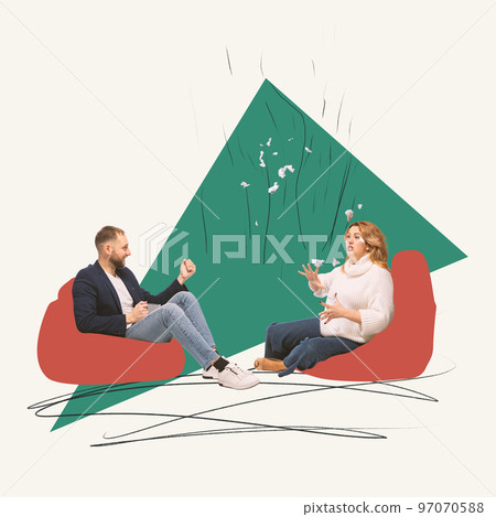 Contemporary art collage. Family problems. Couple, man and woman attending psychological session to overcome difficulties in marriage Contemporary art collage. Family problems. Couple, man and woman attending psychological session to overcome difficulties in marriage 97070588