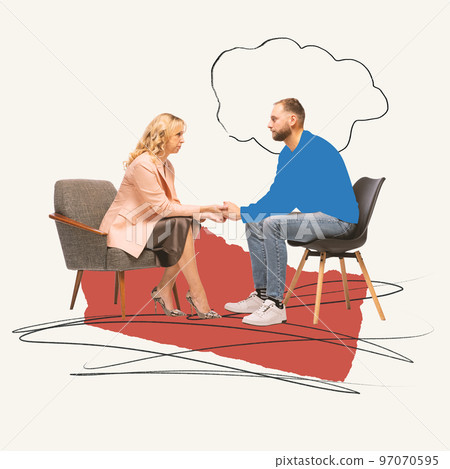 Contemporary art collage. Man attending psychologist. Helpful conversation. Support and professional help Contemporary art collage. Man attending psychologist. Helpful conversation. Support and professional help 97070595