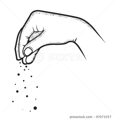 Hand of chief-cook powdering a dish with condiment, pinch of salt, spice or seasoning, pinched fingers, vector 97071057