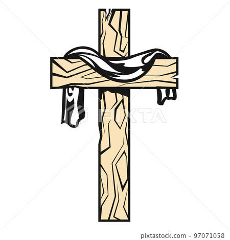 Cross with fabric on it, resurrection after crucifixion of Jesus, christianity symbol, vector 97071058