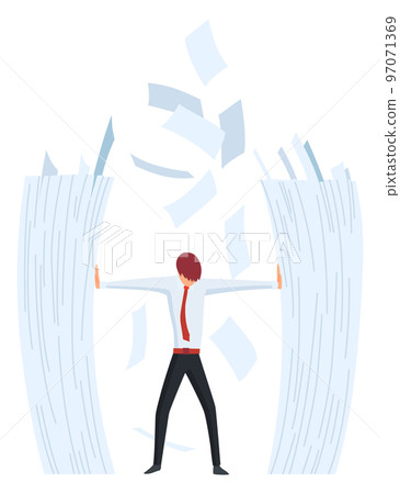 Office paperwork. Office worker with stack of documents. Concept man of office work with stress and overworking. Bureaucracy and overwork 97071369