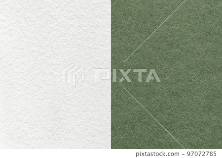 Texture of craft white and green paper background, half two colors, macro. Structure of vintage dense olive cardboard. 97072785