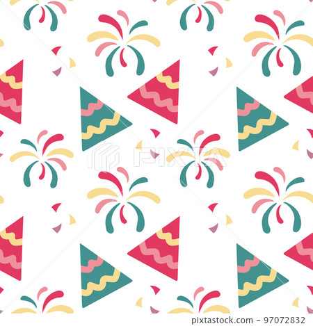 Festive seamless pattern, fireworks, party hats and confetti. Festive background, print, vector 97072832