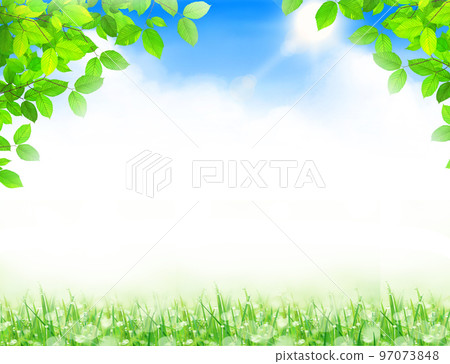 藍天中鮮綠美麗幼葉的春框背景材料，陽光普照的雲彩 97073848