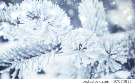 Winter Christmas snowy fir tree background. Snow pine tree branches with bokeh. Winter or Christmas web panoramic banner with copy space. 97073955