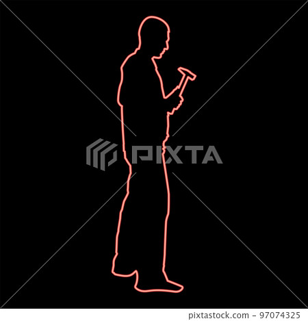 Neon repairman master man in overalls with tool in his hands hammer red color vector illustration image flat style Neon repairman master man in overalls with tool in his hands hammer red color vector illustration image flat style 97074325