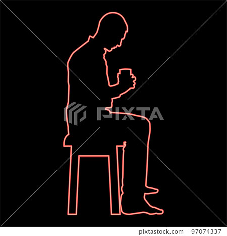Neon man holding mug and looking at the contents inside while sitting on stool Concept of calm and home comfort red color vector illustration image flat style 97074337