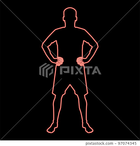 Neon serious man holding hands on belt confidence concept silhouette manager business red color vector illustration image flat style 97074345