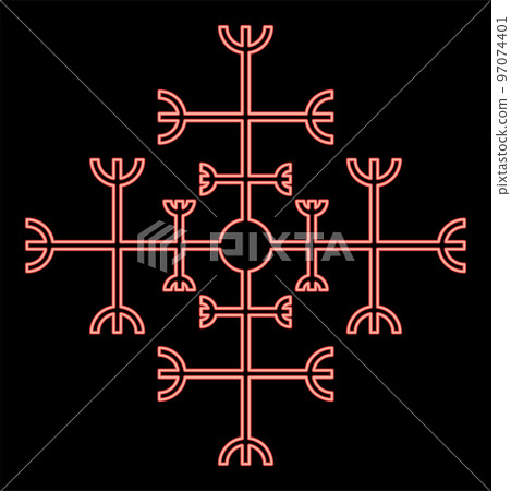 Neon helm of awe aegishjalmur or egishjalmur galdrastav red color vector illustration image flat style Neon helm of awe aegishjalmur or egishjalmur galdrastav red color vector illustration image flat style 97074401