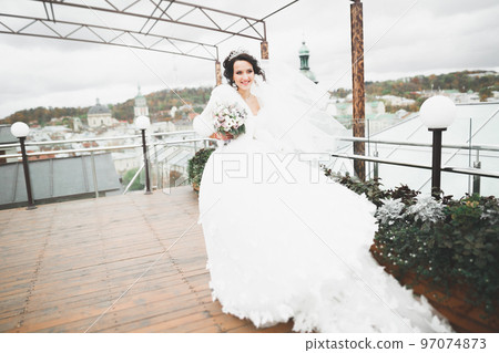 Beautiful fashion bride in wedding dress posing Beautiful fashion bride in wedding dress posing 97074873