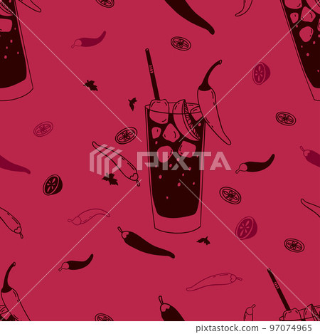 Seamless pattern with Mexican cocktail Vampiro on magenta background with chili peppers and lime slices. Vector illustration latin american drink in doodle style. Seamless pattern with Mexican cocktail Vampiro on magenta background with chili peppers and lime slices. Vector illustration latin american drink in doodle style. 97074965