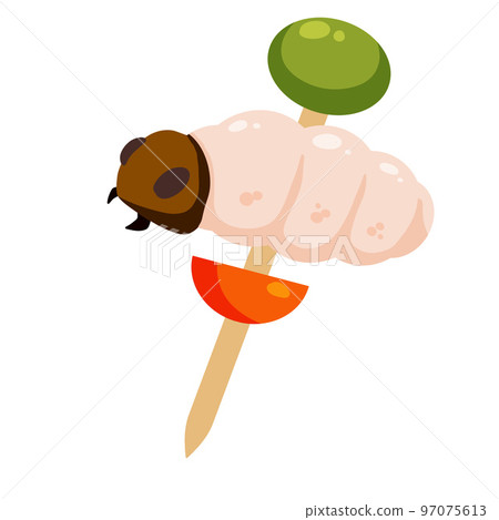Canapes with edible larva. Asian cuisine and delicacies. Beetle caterpillar on a stick with olive and tomato. Protein snack. Canapes with edible larva. Asian cuisine and delicacies. Beetle caterpillar on a stick with olive and tomato. Protein snack. 97075613
