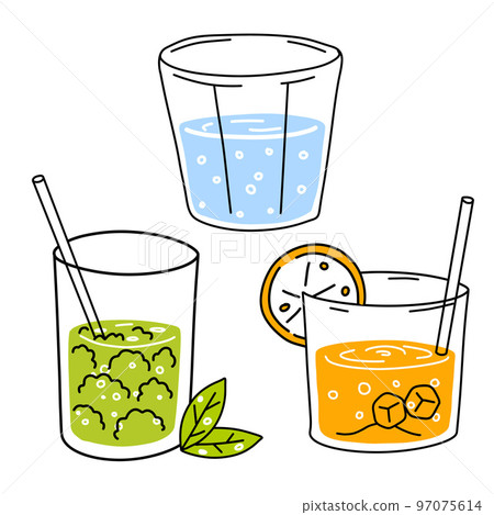 Orange juice, water and mojito. Glass of fresh drink. Thirst quenching and summer cocktail. Trendy outline cartoon Orange juice, water and mojito. Glass of fresh drink. Thirst quenching and summer cocktail. Trendy outline cartoon 97075614